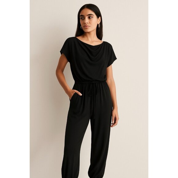 Baby Phat Black Cropped Jumpsuit S Cowl Neck Dolman Sleeve Waist Tie Minimalist - Picture 2 of 11